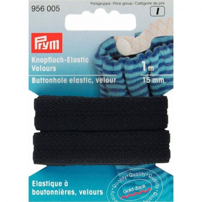 Prym Knoopsgatenelastiek velours 15mm 1m zwart U -